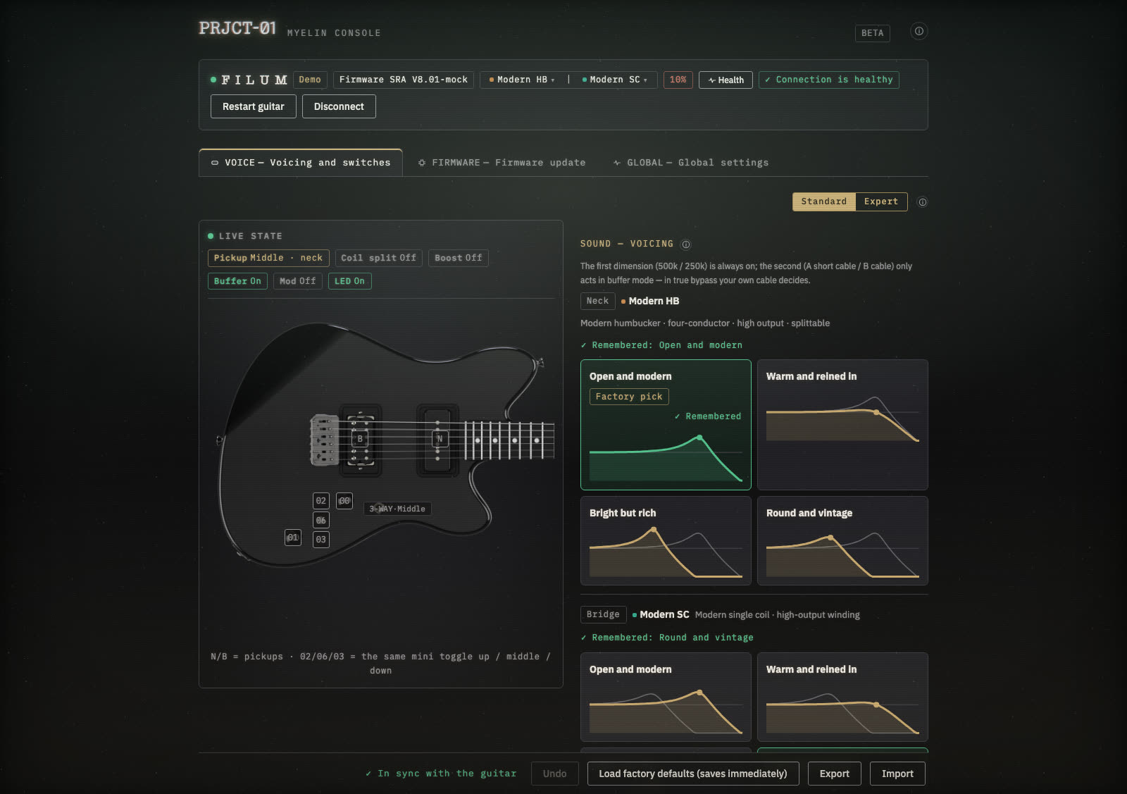 Myelin Console in a browser — the guitar's live state on the left, the voicing of each pickup on the right